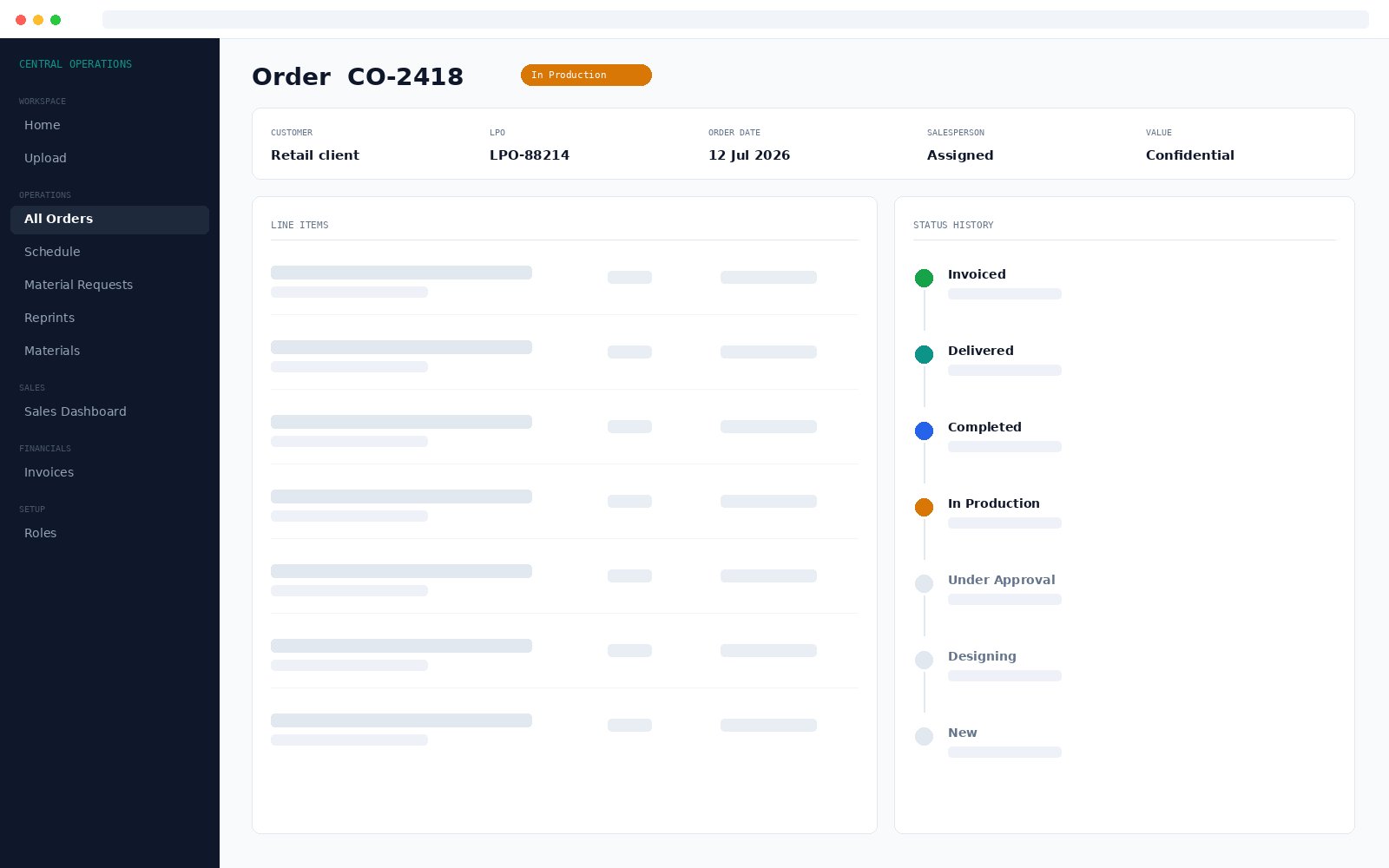 Central Operations Tool order detail page showing line items alongside a status history timeline
