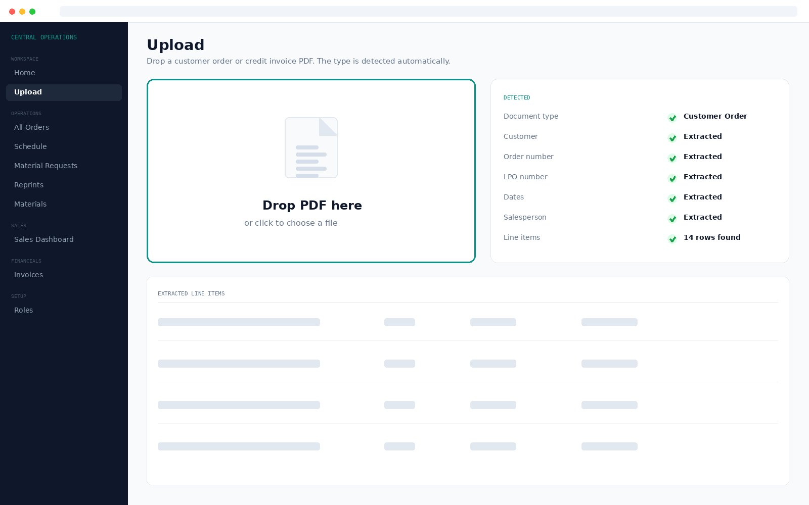 A custom web application screen showing a document upload with fields extracted automatically