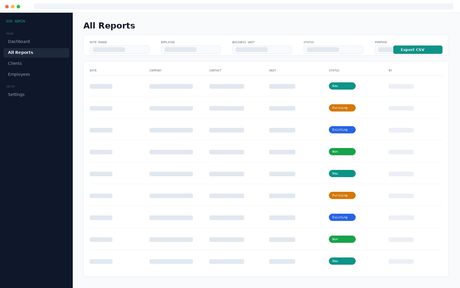 A filtered reports view with an export option