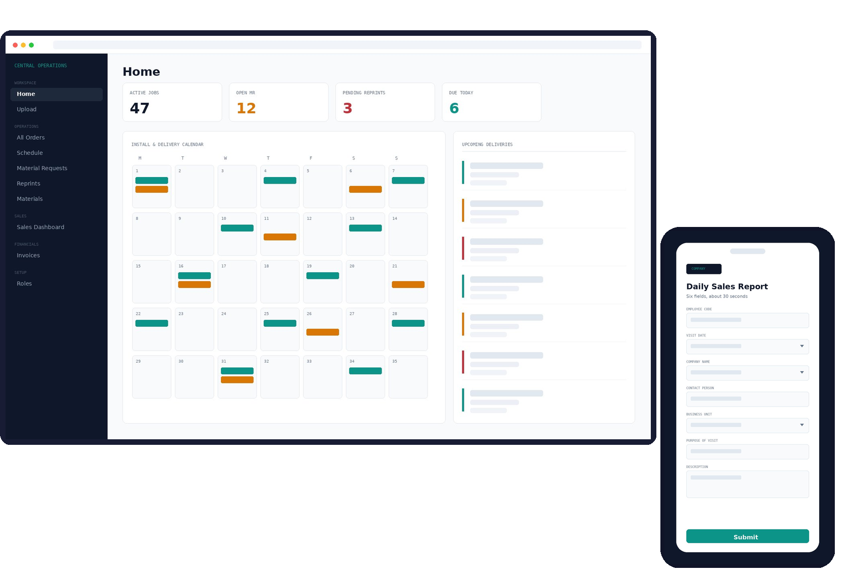 A custom operations dashboard on a laptop beside a sales reporting form on a phone